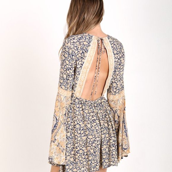 Free People Pants - Free People Once Upon a Summertime Bohemian Romper Blue/Gold Floral Size Medium